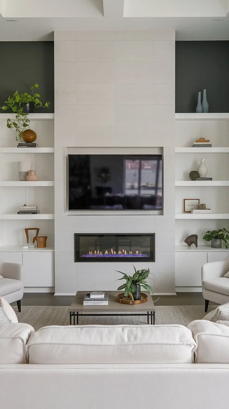 Modern living redefined. This sleek media wall seamlessly integrates a fireplace, TV, and ample storage, creating a sophisticated and functional heart for the home. The dark gray accent wall provides a dramatic backdrop, while the minimalist furniture and pops of greenery add warmth and personality. A perfect blend of style and comfort.