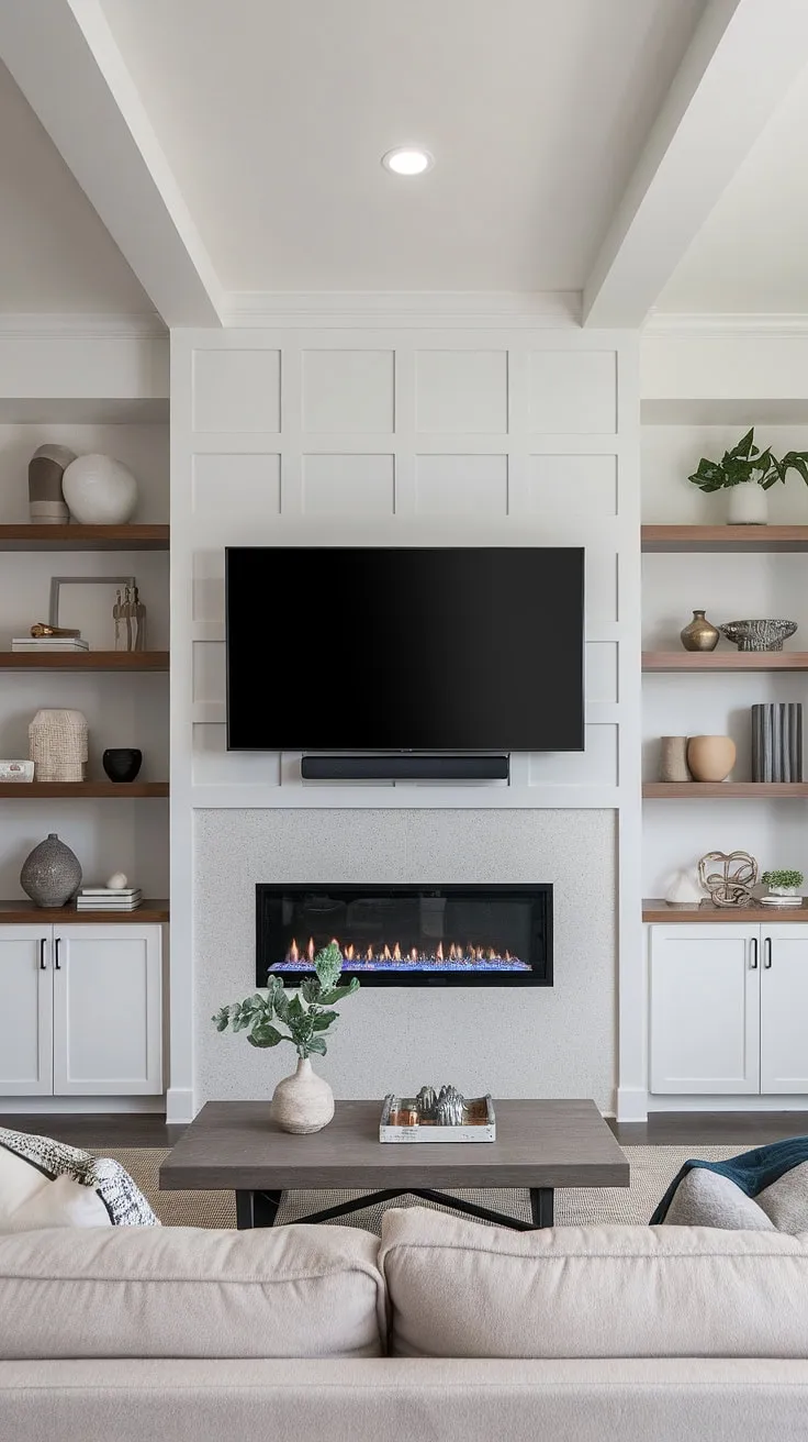 Cozy evenings are made for this stunning living room. The built-in fireplace, flanked by stylish shelves, creates a focal point that's both warm and sophisticated. A perfect blend of modern design and comfortable living.