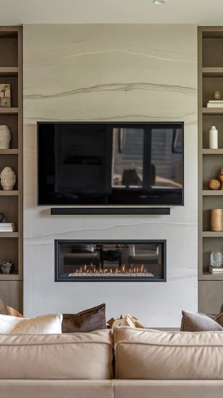 Modern living redefined. The seamless integration of the fireplace and TV creates a stunning focal point, perfectly complemented by the minimalist shelving and calming beige tones. A true testament to sophisticated design and effortless comfort. A space where relaxation and entertainment effortlessly coexist.
