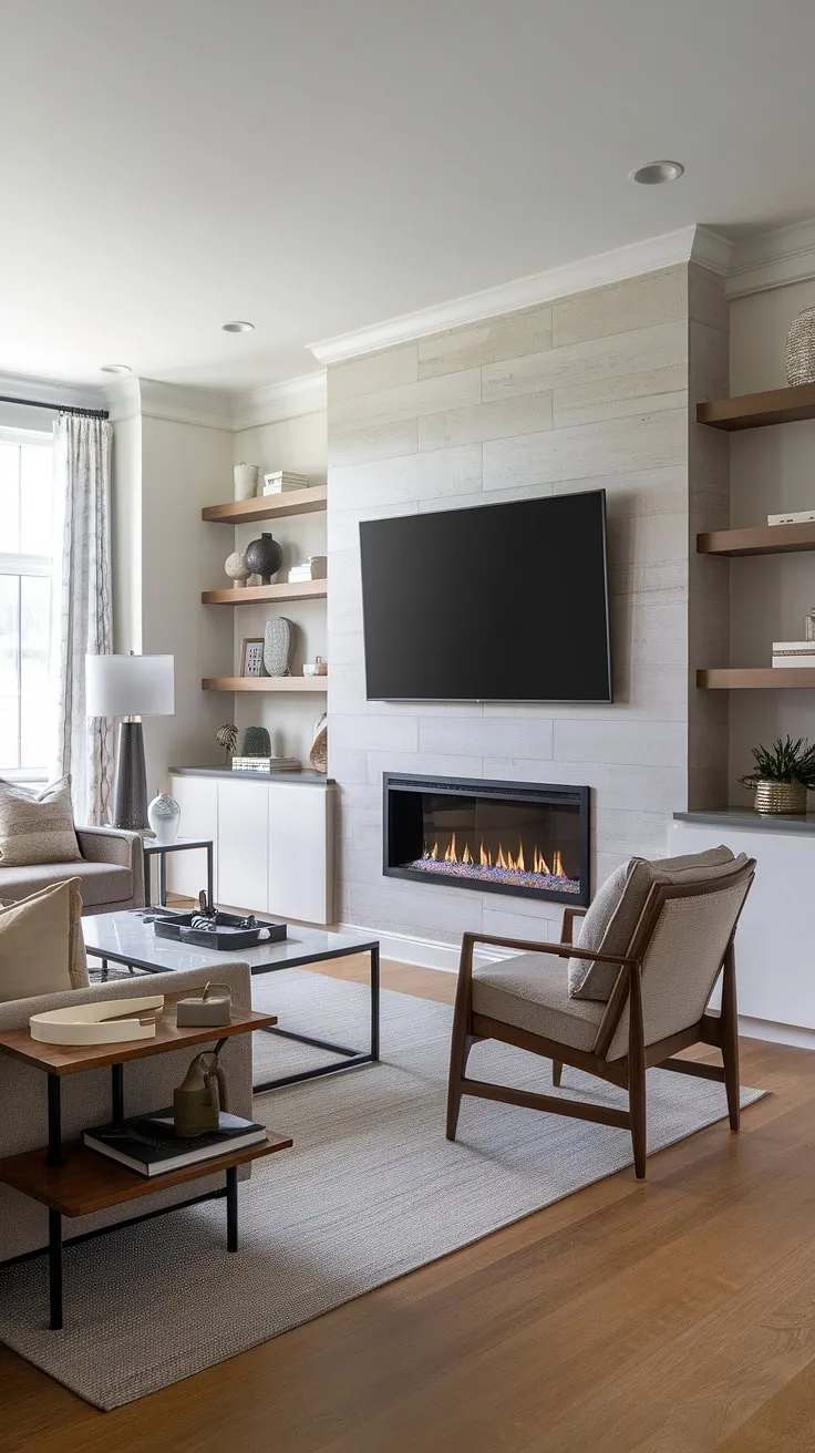 This modern living room seamlessly blends comfort and style. The innovative TV wall, complete with a built-in fireplace and smart storage solutions, is a true focal point. The carefully chosen furniture and warm lighting create a welcoming atmosphere, ideal for unwinding after a long day. A testament to thoughtful design and luxurious living.