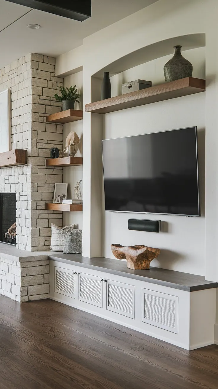 Where modern design meets cozy comfort. The interplay of textures-from the sleek TV wall and built-in storage to the rustic fireplace and exposed brick-creates a living space that's both sophisticated and inviting. A perfect blend of form and function.