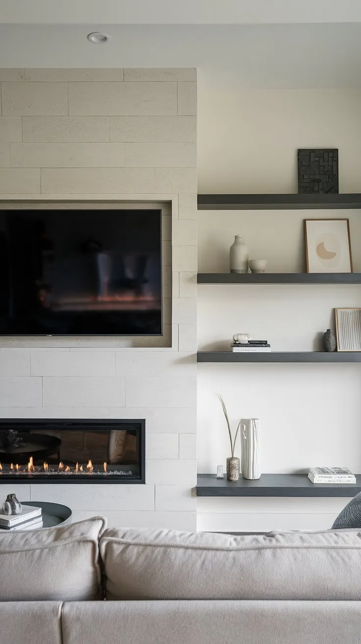 Modern living redefined. Clean lines, a minimalist aesthetic, and the perfect blend of functionality and style-all centered around the stunning fireplace and integrated media wall. The carefully curated shelves add a touch of personality without cluttering the space. A haven of calm and sophisticated design.