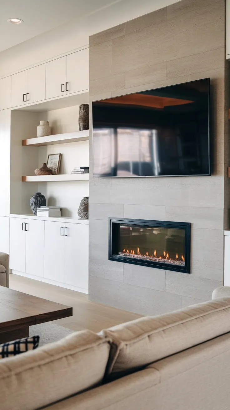 This living room seamlessly blends comfort and contemporary style. The focal point, a sophisticated media wall featuring a fireplace and integrated storage, creates a luxurious and inviting atmosphere. It's the perfect space to unwind and entertain.