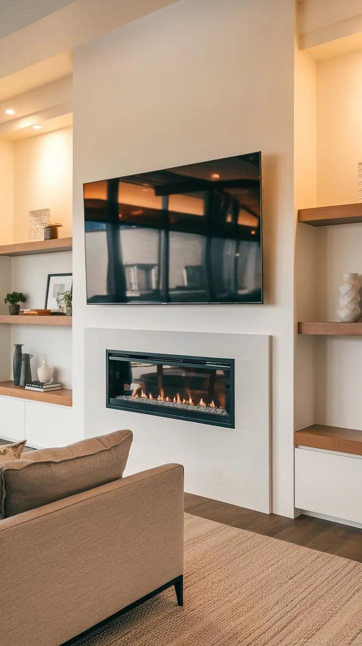 This living room is the epitome of modern comfort. The clean lines of the media wall, featuring a large TV above a functional fireplace, create a focal point that's both stylish and practical. The warm lighting and soft furnishings complete the inviting atmosphere, making it the ideal space for relaxation and entertainment.