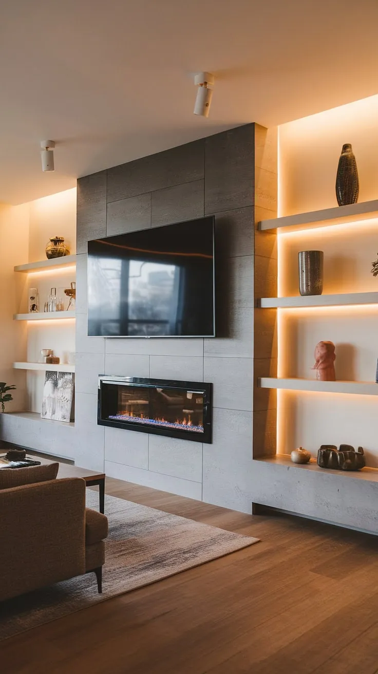Warm lighting and a crackling fireplace create the perfect ambiance in this modern living room, where a sleek media wall featuring a large TV and stylish shelving a seamlessly blends comfort and sophistication.