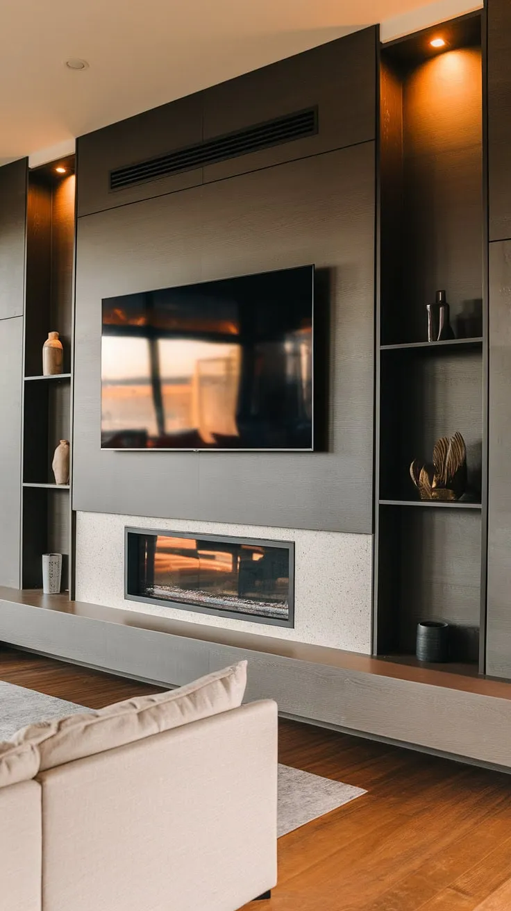 This stunning media wall is the focal point of this sophisticated living room. The integrated fireplace provides a cozy contrast to the minimalist design, while the tall, dark shelves offer ample storage. The overall effect is one of understated elegance and refined comfort, perfect for unwinding after a long day.