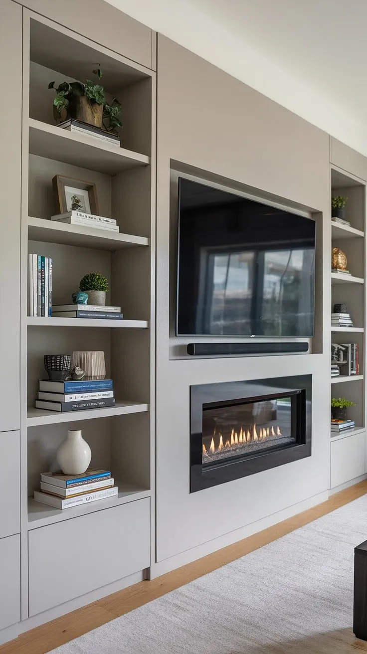 This stunning living room seamlessly blends modern aesthetics with practical design. A focal point media wall houses a fireplace, TV, and cleverly integrated storage, offering both warmth and entertainment. The carefully curated shelves add personality and a touch of homeliness. A space designed for effortless living and unforgettable moments.