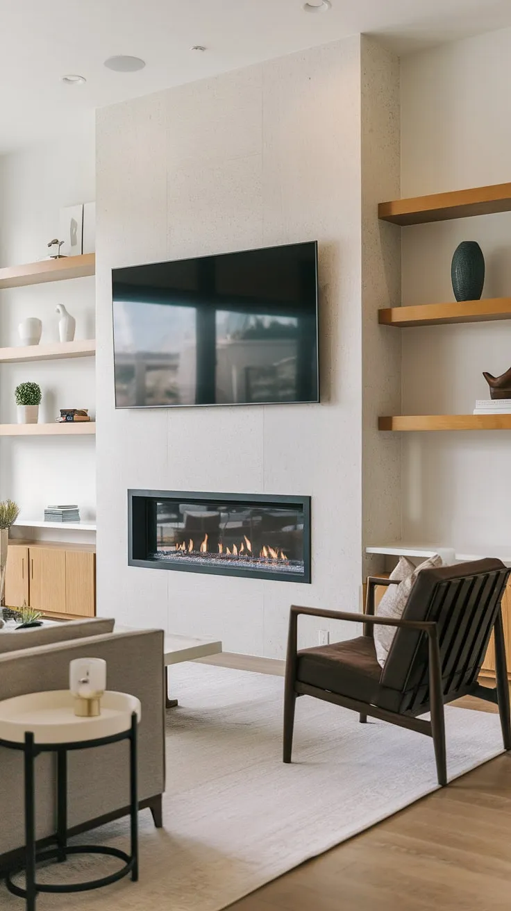 Cozy nights in are made even better with this stunning living room featuring a built-in fireplace and TV, the perfect blend of modern comfort and A warm ambiance. The wooden shelves above add a touch of rustic charm, completing the space.