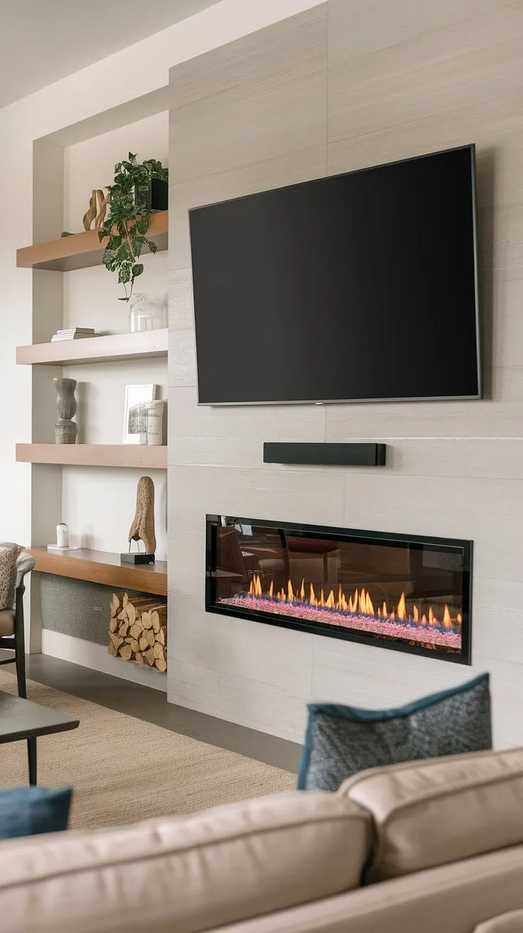 The heart of the home: a modern living room where comfort and style intertwine seamlessly. The striking fireplace, with its mesmerizing pink and orange flames, anchors the space, complemented by the minimalist TV wall and thoughtfully chosen accessories. A place to unwind, entertain, and simply be. A perfect escape.