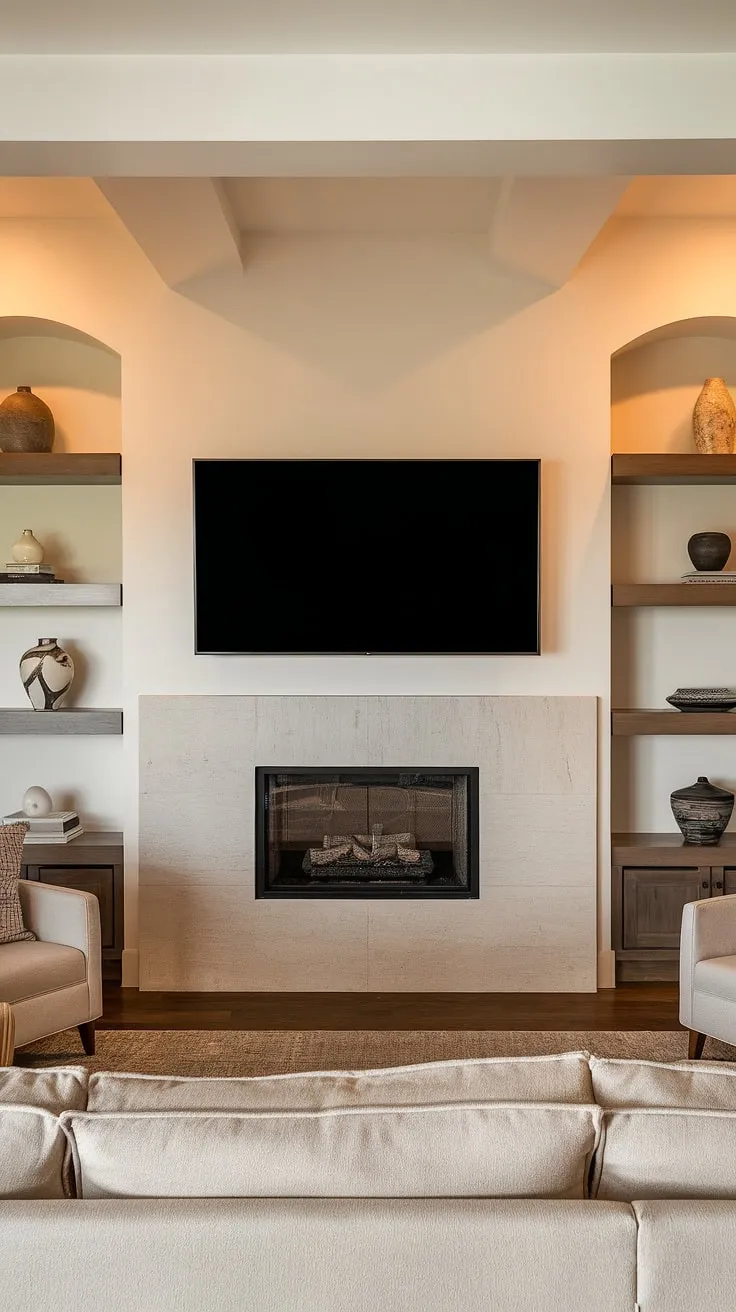 This stunning living room seamlessly integrates modern technology with classic comfort. The large flat-screen TV and built-in fireplace create a focal point, while the a wooden shelving and plush seating provide a welcoming atmosphere perfect for relaxation and entertainment.