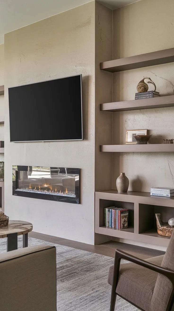 Modern living redefined. This space seamlessly blends comfort and style, with a stunning media wall featuring a sleek fireplace, ample storage, and a captivating textured backdrop. The perfect blend of form and function for effortless entertaining.