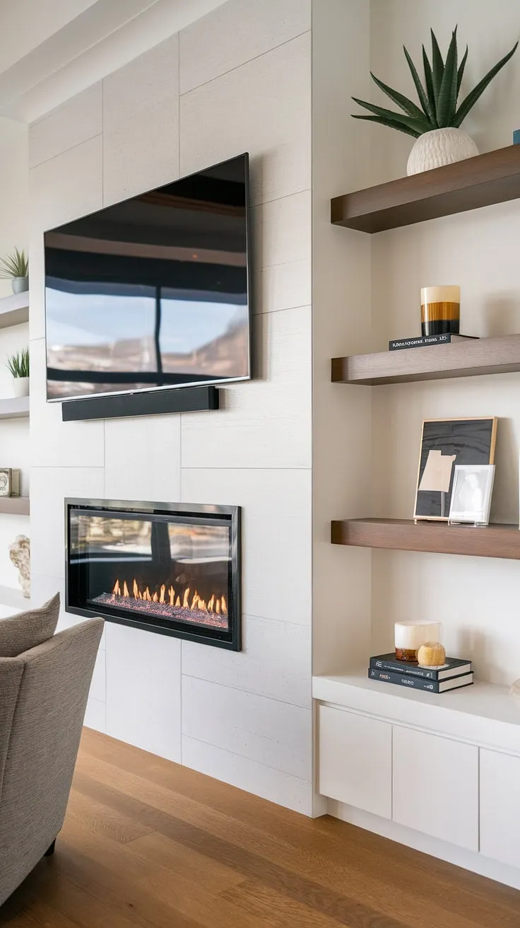 Cozy nights in are made even better with this stunning media wall. The built-in fireplace, ample shelving, and comfortable armchair create the perfect atmosphere for relaxation and entertainment. A true testament to modern living.