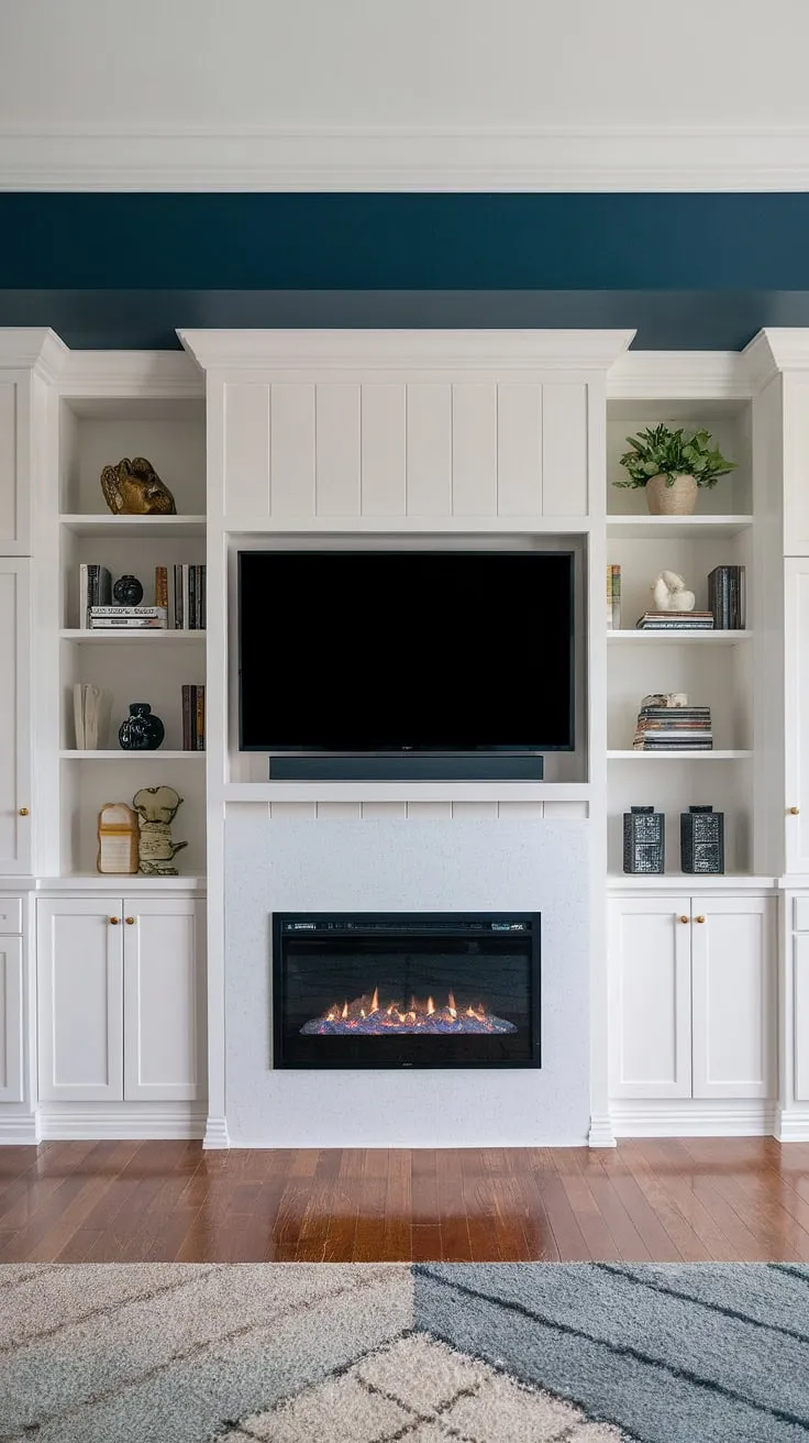 This modern living space seamlessly integrates form and function. The striking media wall, featuring a sleek electric fireplace and custom cabinetry, provides both warmth and sophisticated storage. The deep blue wall adds a touch of drama, creating a captivating focal point for relaxed evenings and entertaining.