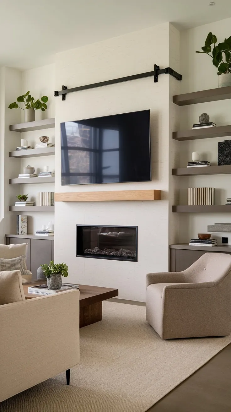 Modern living redefined. The sleek media wall, featuring a retractable TV, built-in fireplace, and thoughtfully curated shelving, creates a sophisticated and functional heart to this calming space. A perfect blend of form and function.