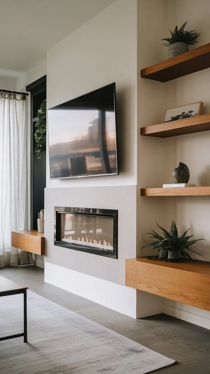Cozy evenings and movie nights are made for this stunning living room. The sleek fireplace, integrated media wall, and warm wood shelving create the perfect ambiance. A touch of greenery adds a refreshing contrast to the sophisticated design.