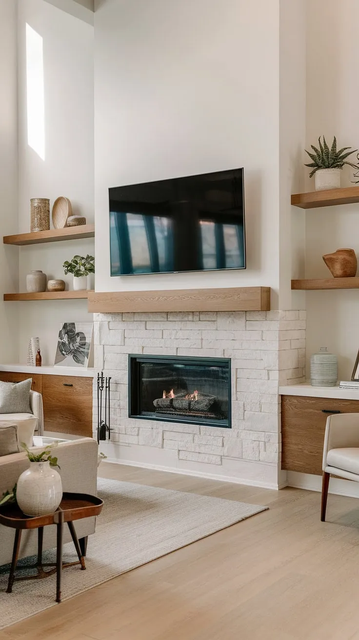 Cozy evenings and movie nights are made for this stunning living room. The media wall, complete with a fireplace and built-in shelving, is the perfect blend of form and function, creating a warm and inviting atmosphere. The clean lines and natural materials add to the overall sense of calm and sophistication.