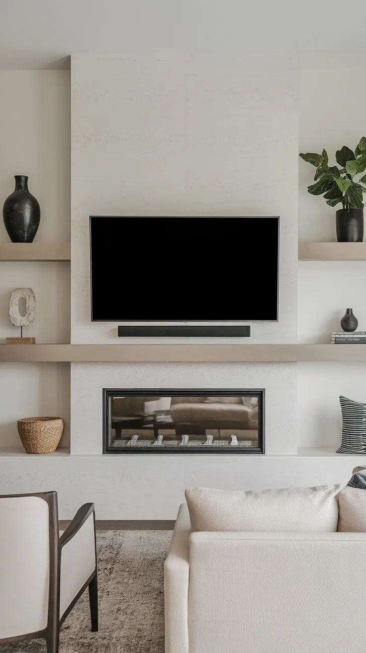 Modern living redefined. The sleek fireplace, seamlessly integrated with the TV and shelving, creates a focal point that's both stylish and functional. A perfect blend of comfort and contemporary design.