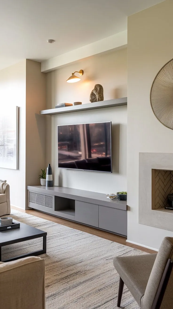 This stunning living room seamlessly blends modern design with warmth and functionality. The sleek TV wall, complete with integrated storage and a captivating fireplace, is a focal point of sophisticated style. A perfect space for relaxation and entertainment.