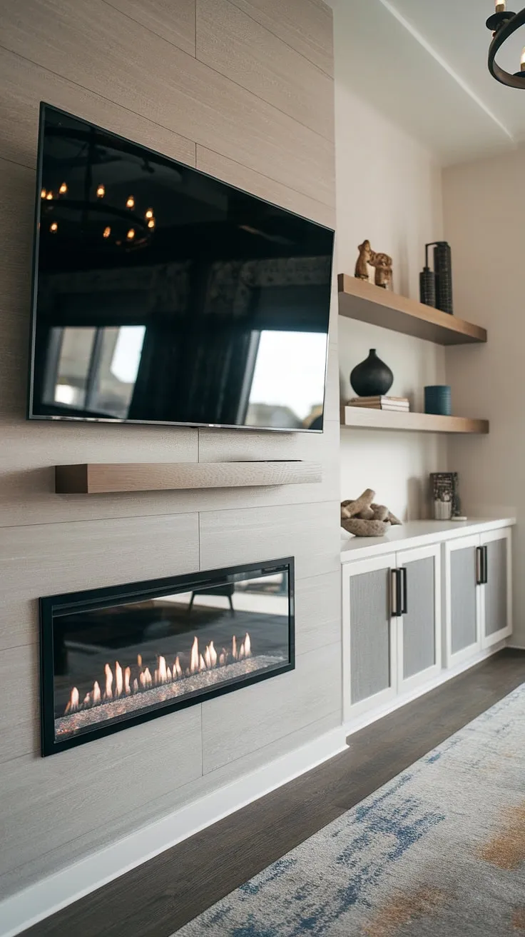 Cozy nights in are elevated with this stunning media wall. The sleek fireplace, floating shelves displaying cherished a, and built-in storage create a sophisticated yet inviting atmosphere. The perfect blend of modern design and comfortable living.