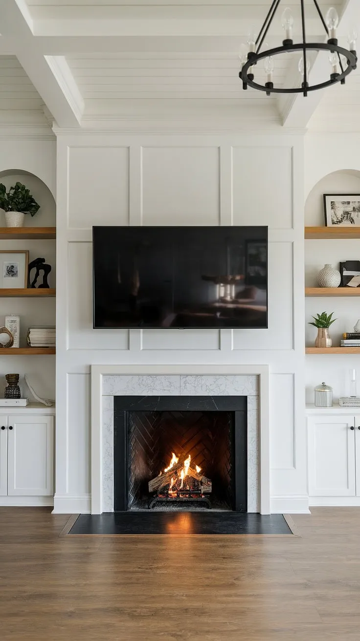 This modern media wall is the epitome of sophisticated comfort. A mesmerizing fireplace complements the sleek TV, creating a focal point that's both functional and visually striking. The carefully curated shelves add a personal touch, completing A sanctuary of style and warmth.