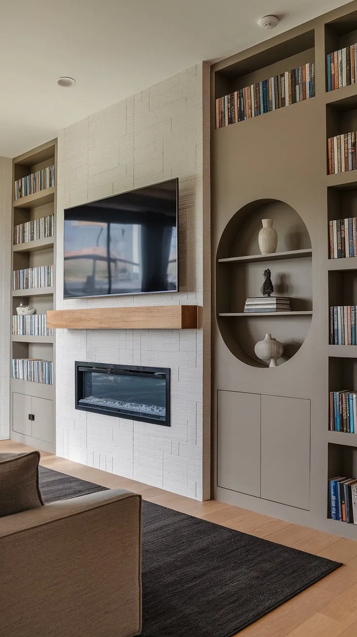 Modern living redefined. The sleek media wall, complete with a captivating fireplace, built-in shelving, and ample storage, creates a sophisticated and functional heart for this home. A testament to clean lines and curated comfort.