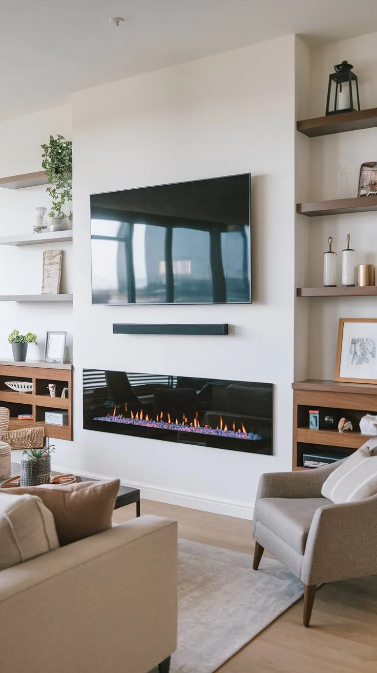 Modern living redefined. This stunning TV wall seamlessly integrates a sleek fireplace, ample storage, and stylish décor, creating a warm and inviting atmosphere. The perfect blend of form and function, it's the heart of the home. A truly exceptional space.