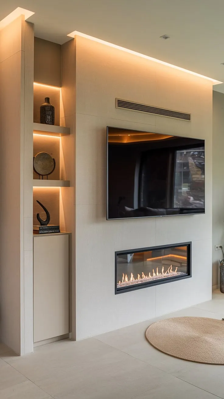 Cozy evenings and movie nights are made for this stunning living room, where the warmth of the fireplace complements the sleek modern design. The perfect blend of comfort and style, it's a space designed for relaxation and entertainment. A true sanctuary.