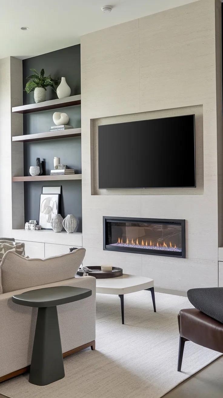 This thoughtfully designed living room seamlessly integrates functionality and style. The sleek TV wall, complete with a fireplace and shelving, is a focal point, complemented by the comfortable seating area and minimalist décor. A true haven of relaxation.