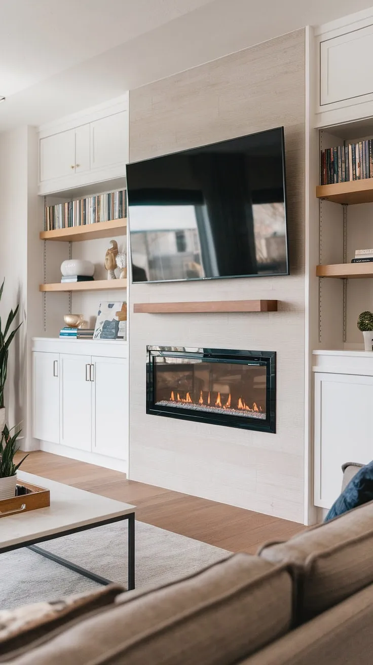 Cozy nights and movie marathons are made for this stunning living room. The integrated media wall, complete with a fireplace and ample storage, seamlessly blends entertainment and warmth, creating the perfect ambiance for relaxation. A truly luxurious space.
