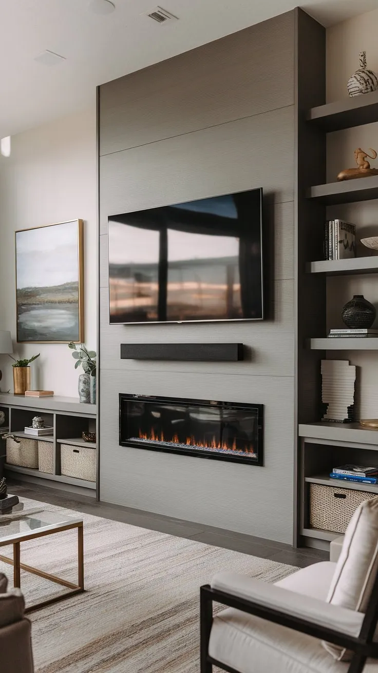 The ultimate entertainment haven. This thoughtfully designed living room boasts a striking media wall featuring a large TV above a contemporary fireplace, flanked by custom built-ins for both storage and display. The result? A functional and aesthetically pleasing space perfect for relaxation and gatherings.