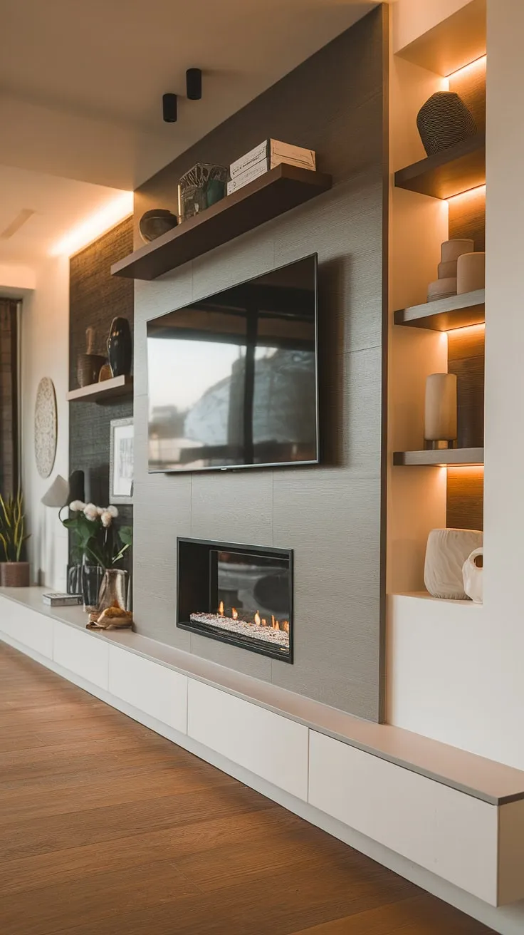 This modern media wall is the perfect blend of form and function. The integrated fireplace adds a touch of rustic charm, while the clean lines and ample storage provide a sophisticated and practical space for relaxation and entertainment. It's the heart of the home, where comfort and style meet.