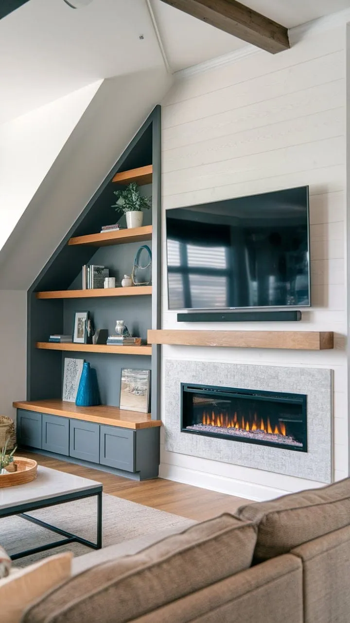 This living room masterfully blends a custom fireplace wall with storage and a TV unit, all beneath a striking sloped ceiling that exudes modern sophistication.
