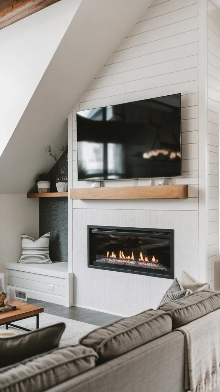 This contemporary living room features a stunning DIY fireplace wall that seamlessly combines modern design with cozy comfort.