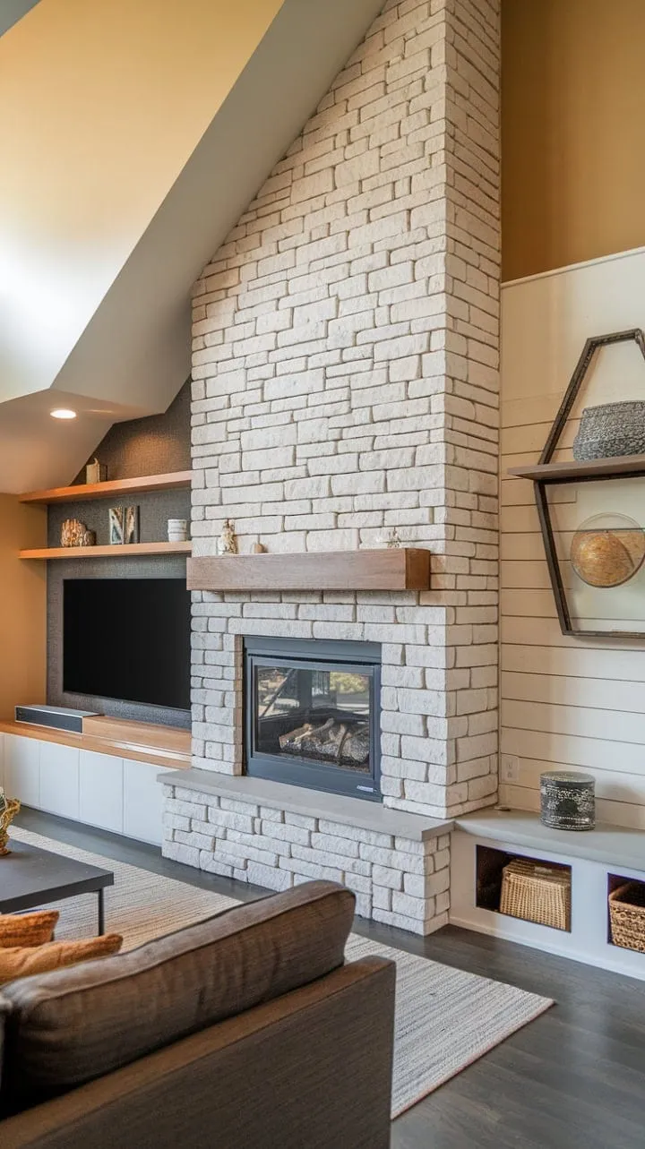 This living room masterfully combines modern design with cozy charm, featuring a handcrafted fireplace, sloped ceiling, and a harmonious blend of textures and warm colors for an inviting atmosphere.