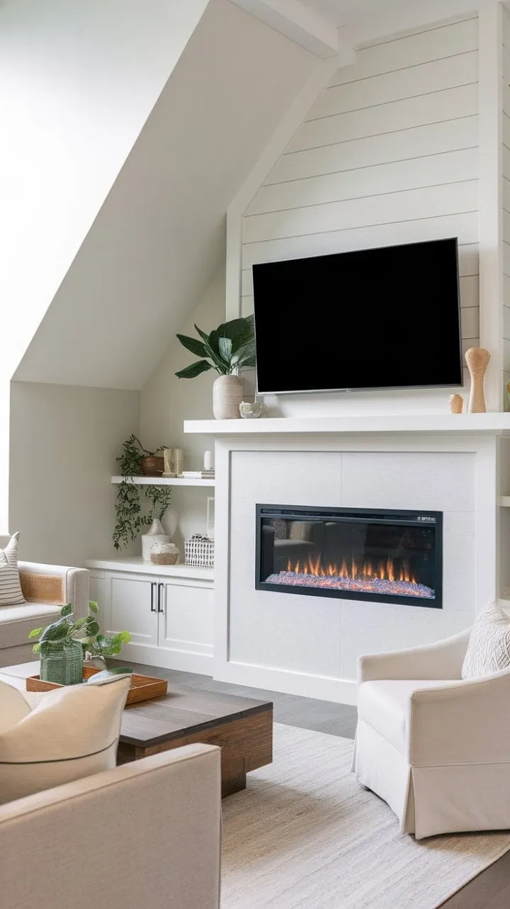 This beautifully designed living room features an integrated electric fireplace and built-in seating, harmonizing light grey walls and a beige sofa for a serene and stylish retreat.