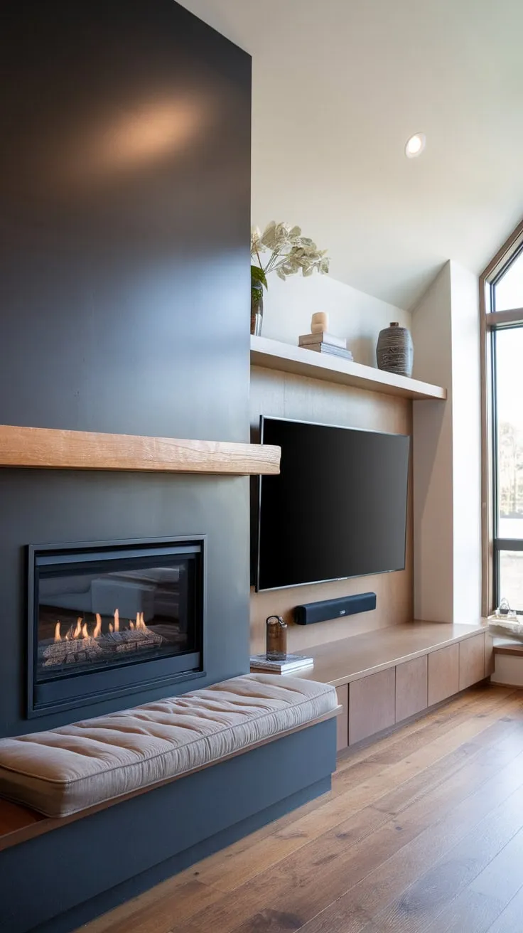 Sleek black fireplace with integrated seating anchors a modern living room, complemented by a built-in TV unit and sloped ceiling