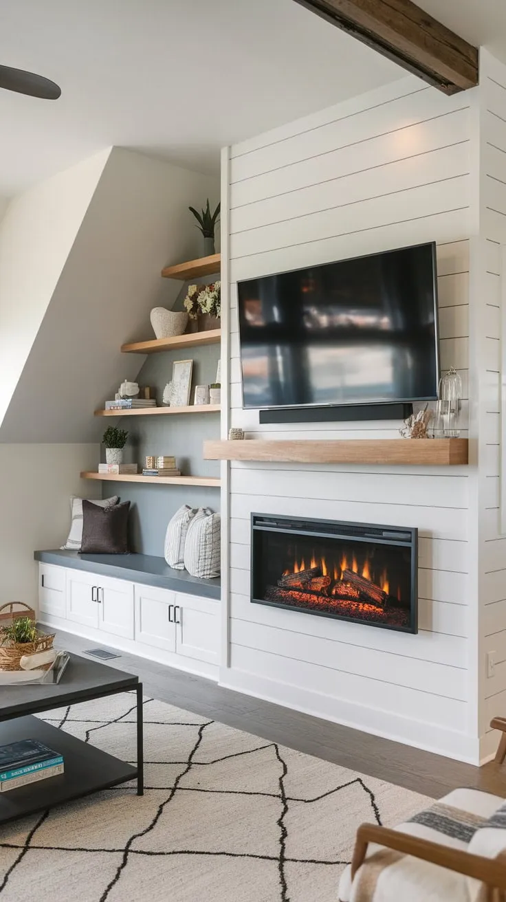 Sleek modern design integrates a built-in fireplace with TV and seating, creating a captivating focal point.
