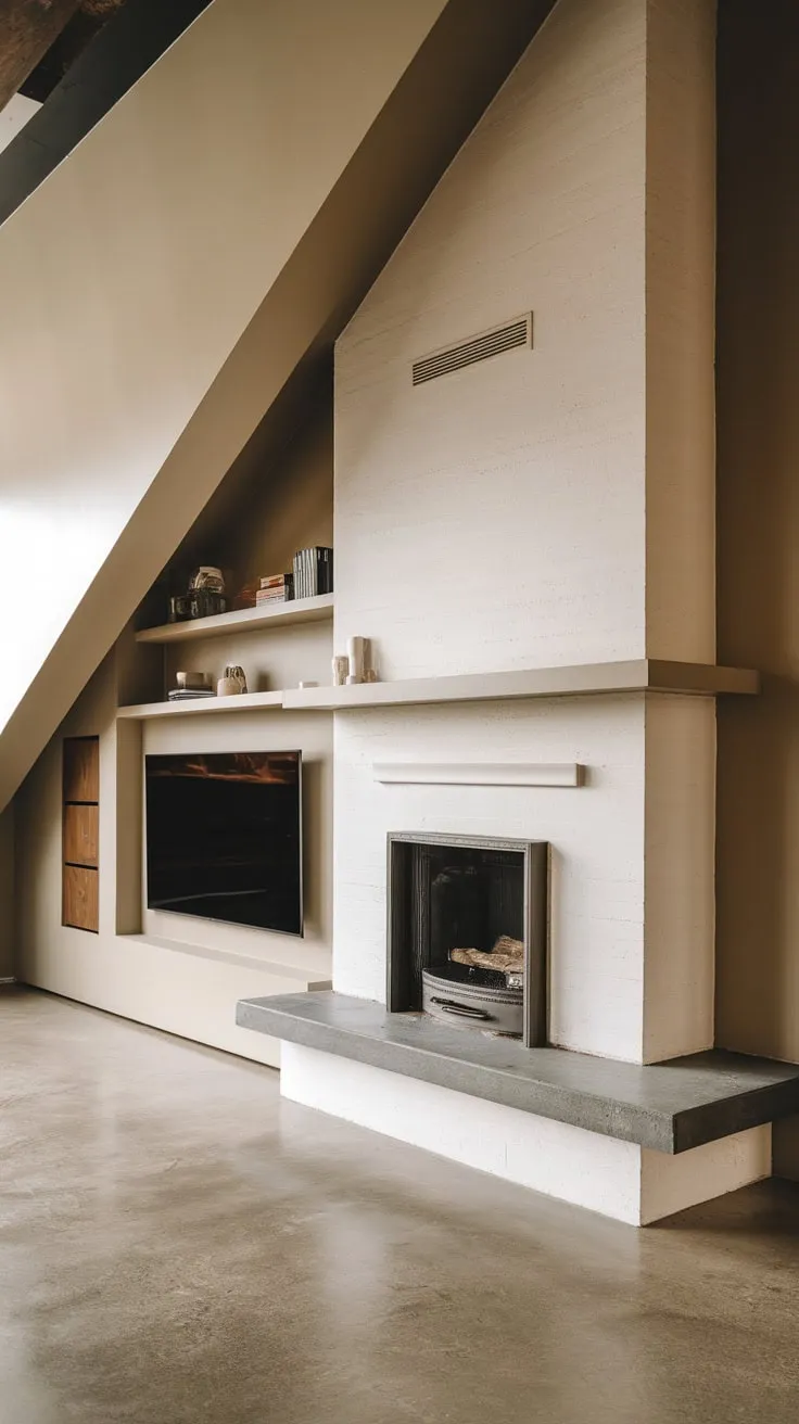 Sleek black and white fireplace design anchors a modern living room with concrete floors and a sloped ceiling