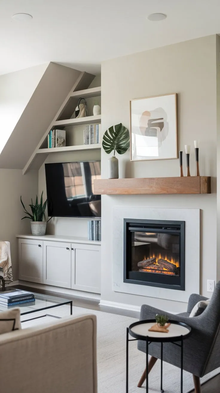 Sleek black electric fireplace and built-in TV unit create a modern living room focal point
