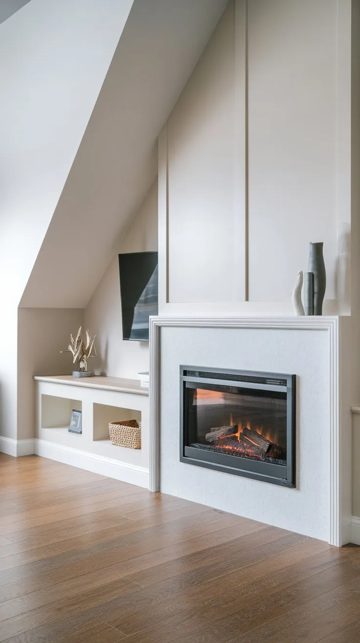 Sleek white electric fireplace anchors a modern living room with sloped ceilings and integrated media storage