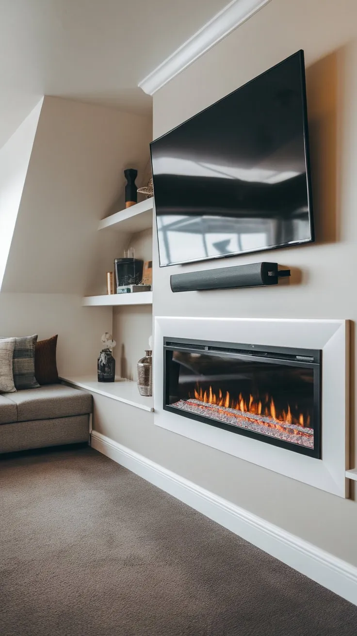 Modern design meets cozy comfort in a living room featuring a built-in electric fireplace and a sophisticated TV wall setup.