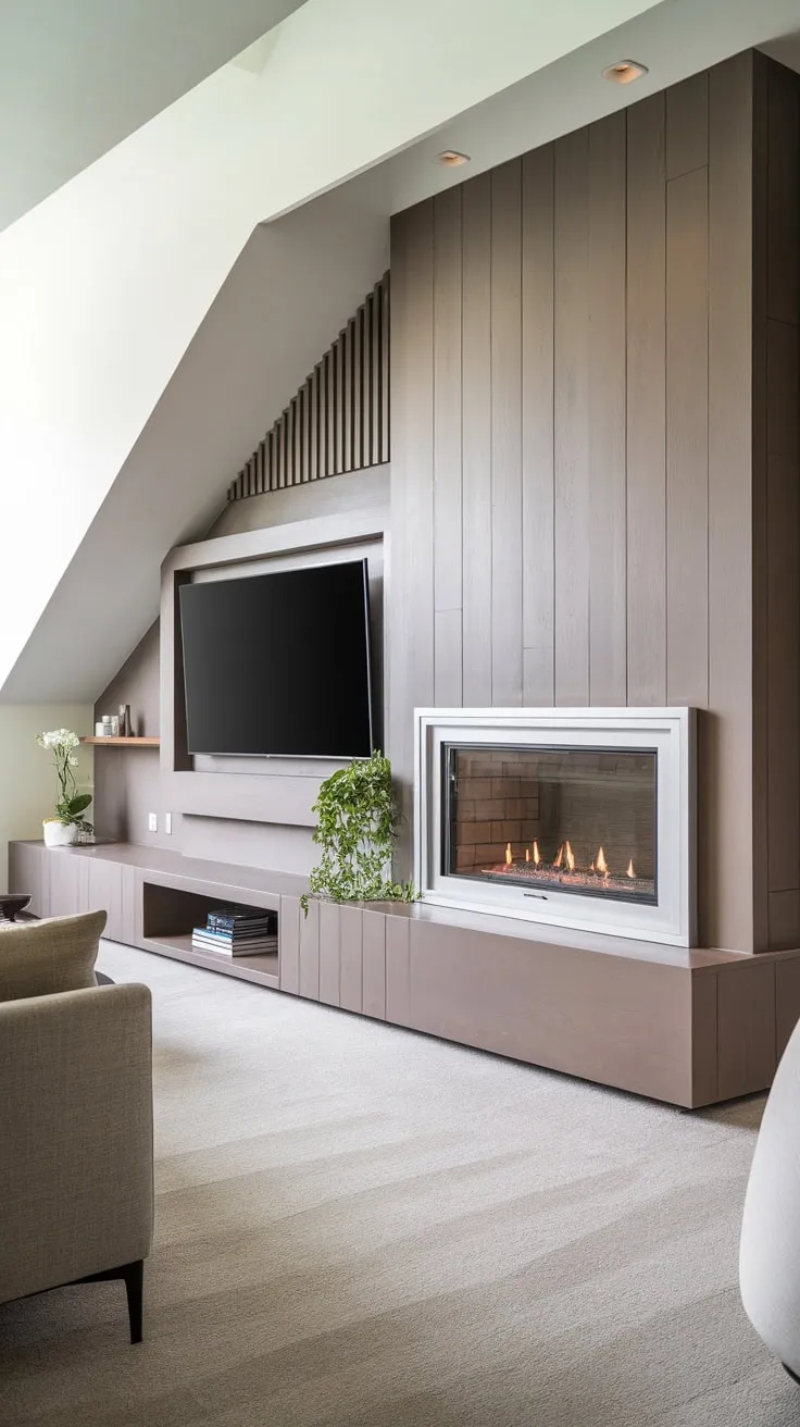 A minimalist living room features a stylish white-framed fireplace with integrated storage, showcasing clean lines and contemporary elegance.