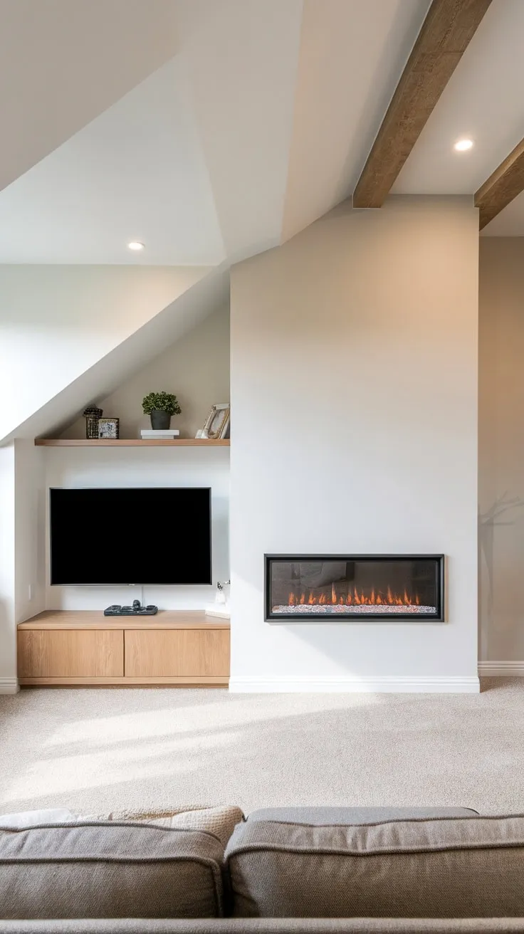 A contemporary living room features a built-in electric fireplace with a sleek black frame and glass door, enhancing the room's modern aesthetic.