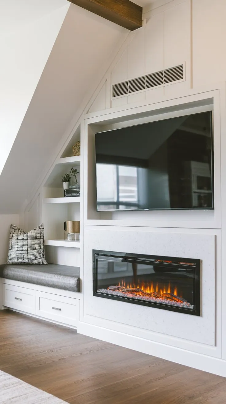 Sleek modern design integrates electric fireplace, storage, and TV unit in a stylish living room