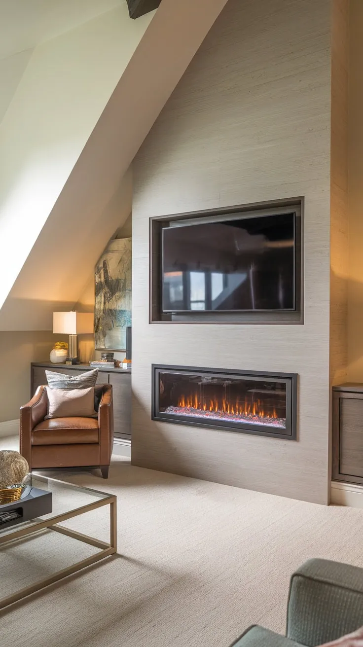Modern design meets cozy comfort in a living room featuring a stylish built-in electric fireplace and integrated media unit.