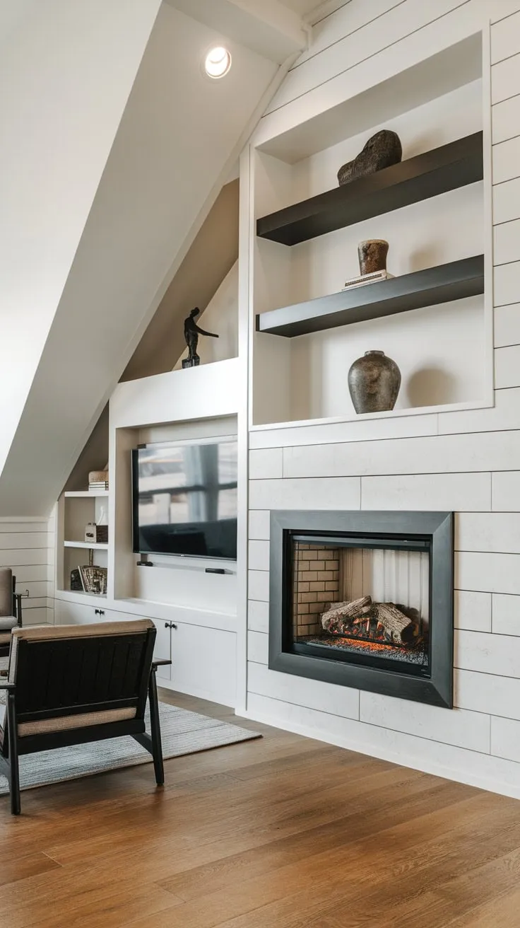 Sleek black framing highlights a modern electric fireplace, perfectly complementing the hardwood floors and sloped ceiling in this stylish living room