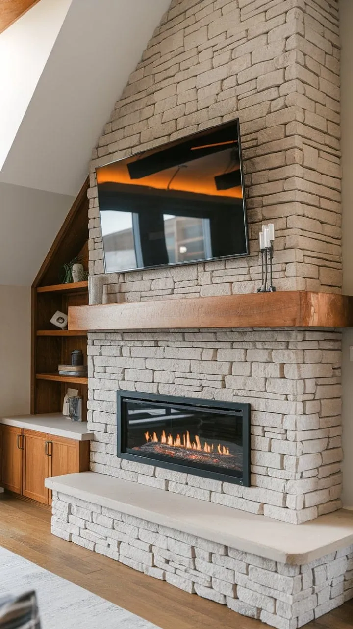 This stunning living space blends modern design with cozy comfort, featuring a DIY fireplace wall and sloped ceiling that create an inviting atmosphere for relaxation and entertainment.