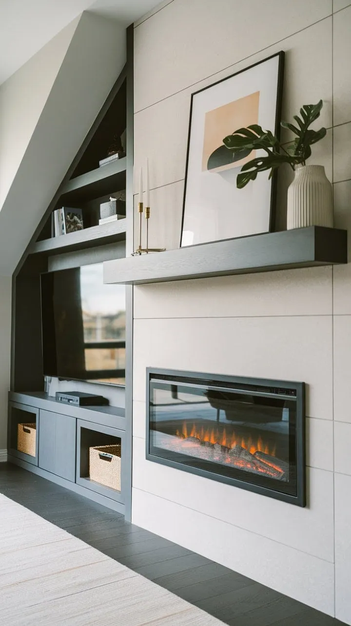 This modern sanctuary harmoniously fuses minimalist design with luxurious details, featuring a sleek black fireplace and integrated TV unit beneath a striking sloped ceiling.