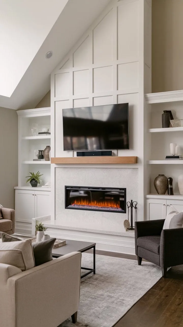 This chic living room seamlessly blends comfort and elegance, featuring a striking built-in electric fireplace and a calming neutral palette that invites relaxation.