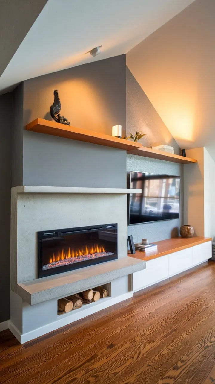 In this living room, a built-in electric fireplace and sloped ceiling harmoniously unite modern design with cozy warmth, crafting an inviting ambiance.